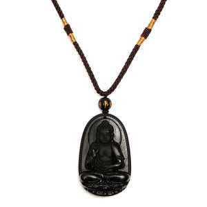 Chinese Obsidian Carved Buddha Pendant Necklace Jewelry