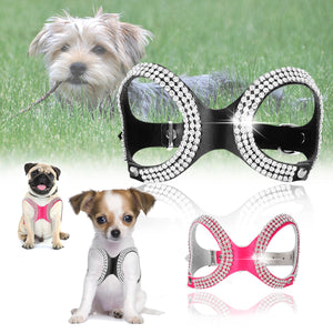 Pet Dog Adjustable Crystal Chest Strap Clip Harness Vest Collar PU Leather Small