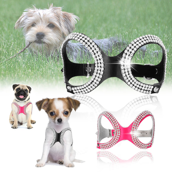 Pet Dog Adjustable Crystal Chest Strap Clip Harness Vest Collar PU Leather Small