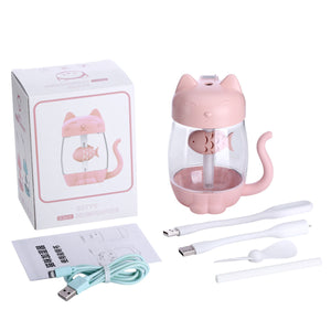 3 in1 USB Portable Cat Mini Air Cool Mist Humidifier Ultrasonic Aromatherapy Diffusers LED Light Fan