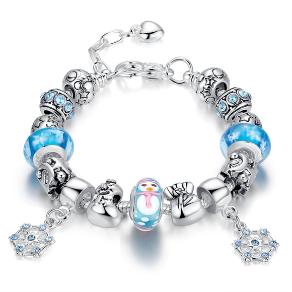 Silver Plated Crystal Glass Alloy Beads Snowflake Pendant Christmas Bracelet