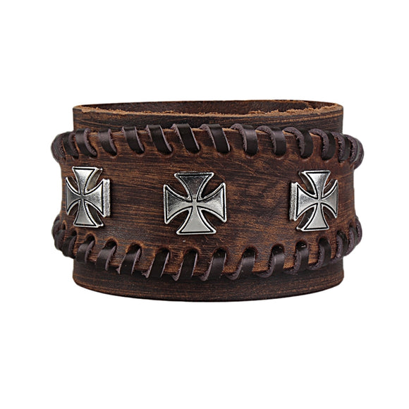 Punk Adjustable Zinc Alloy Cross Double Genuine Leather Bracelet for Men