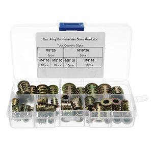 50Pcs M4 to M10 Zinc Alloy Wood Furniture Hex Socket Drive Threaded Insert Nut Assortment Kit