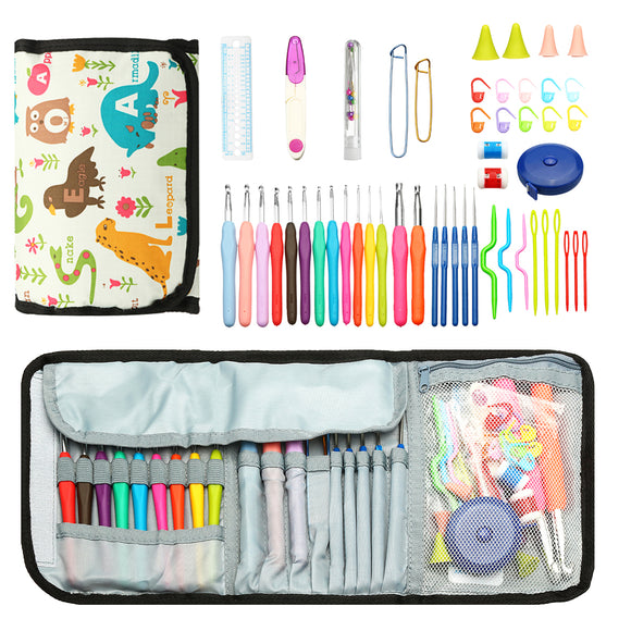 64pcs Crochet Hooks Kit Yarn Knitting Needle Sewing Tools Grip Set Folding Bag Toos Set