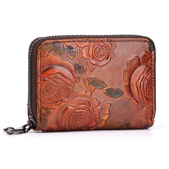 Brenice Women Vintage Casual Floral Genuine Leather Card Holder Coin Purse Wallet