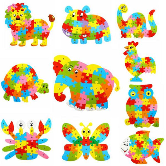 26Pcs Children Wooden Cute Animal Puzzle Jigsaw Alphabet KIds 3D Early DIY Letter Educational