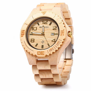 BEWELL ZS-W023B Male Wooden Quartz Watch Auto Date Display Casual Wristwatch