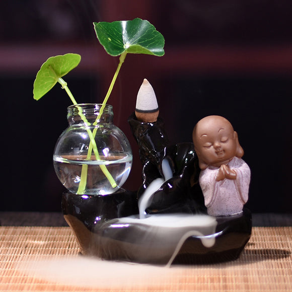 Ceramic Backflow Incense Burner Buddhist Cone Holder with Glass Hydroponic Pot Creative Gifts