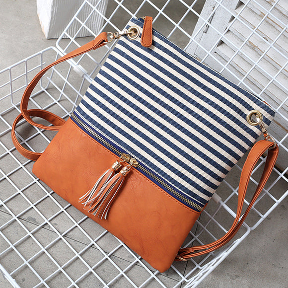 Women Canvas Stripe PU Leather Fashion Shoulder Crossbody Bag