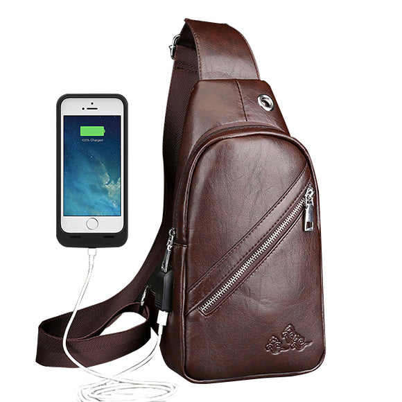 Men PU Leather Sport Casual Chest Bag Vintage Crossbody Bag with USB Charging Port