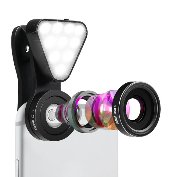 2 in 1 Clip-on Glass Lens Wide Angle Lens with Rechargeable Flashlight for Mobile Phone