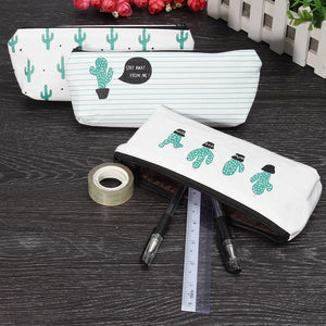 Brief Style Green Cactus Canvas Large Capacity Makeup Pouch Pencil Bag Organizer Case School Supply