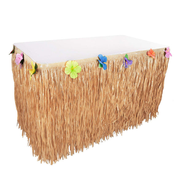 Tropical Table Skirt With Flowers Luau Tiki Hawaiian Party Grass Decorations