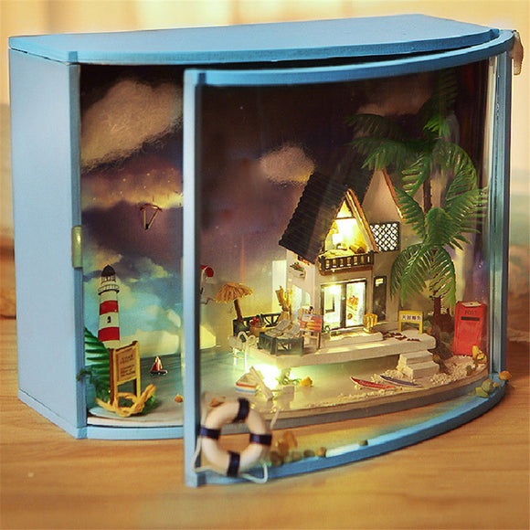 DIY LED Sea-view Dollhouse Miniature Wooden Furniture Kit Doll House Christmas Gifts