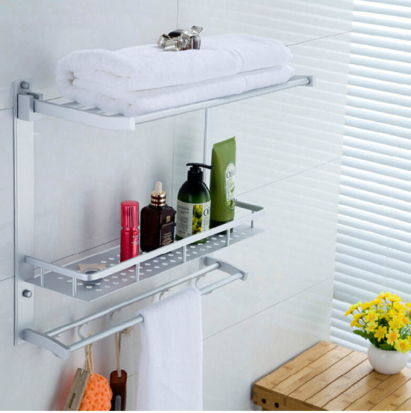 Multi-function Aluminum Silver Bath Towel Shelf Washcloth Rack Holder With 5 Hooks