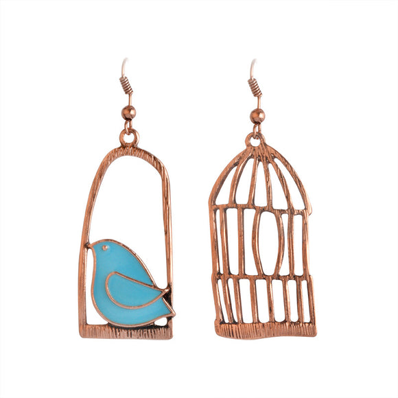 Silver Drop Earrings Blue Grey Bird Birdcage Pendants Fashion Asymmetric Women Earrings