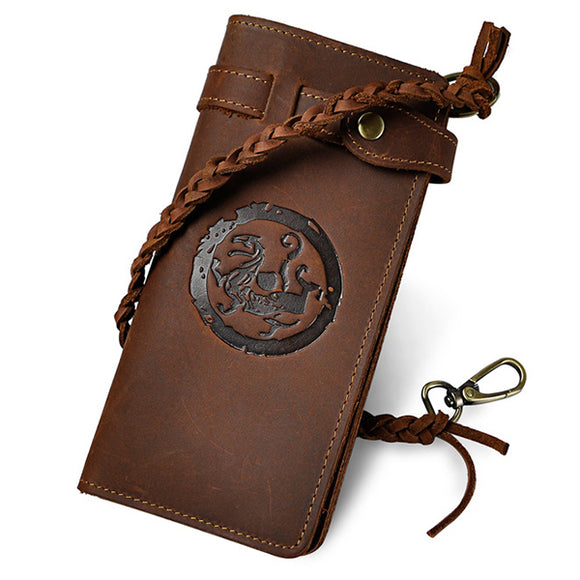 Men Genuine Leather Retro Long Wallet protective Rope Clutches Bag Phone Bag Card Holder