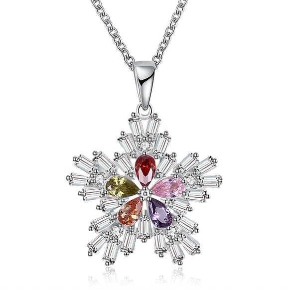 INALIS Christmas Gift Platinum Rose Gold Colorful Zirconia Snowflake Pendant Necklace for Women