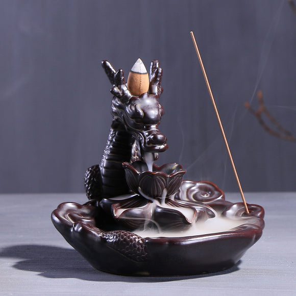 Ceramic Glaze Dragon Censer Backflow Incense Burner Waterfall Smoke Cone Sticks Holder