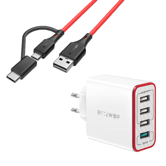 BlitzWolf BW-MT3 3A 2 in 1 Type C Micro USB Data Cable & BW-PL5 30W QC3.0 Fast Charging 2.4A 4-Ports USB Charger