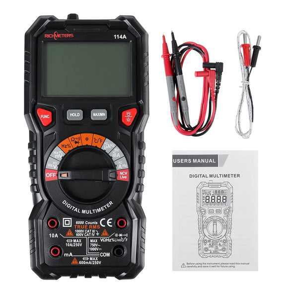 RICHMETERS RM114A Digital Multimeter Meter 6000 Counts Amp Ohm Voltmeter Auto/Manual Range Voltage Tester AC DC