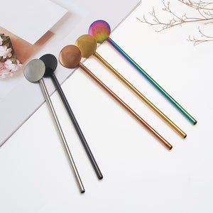 2 In 1 Stainless Steel Metal Long Handle Round/Oval Drinking Straw Washable Reusable Straw Spoon