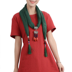 Ethnic Women Necklace Lucky Lock Beads Tassel Pendant Multicolor Cotton Scarf Clothing Accessories