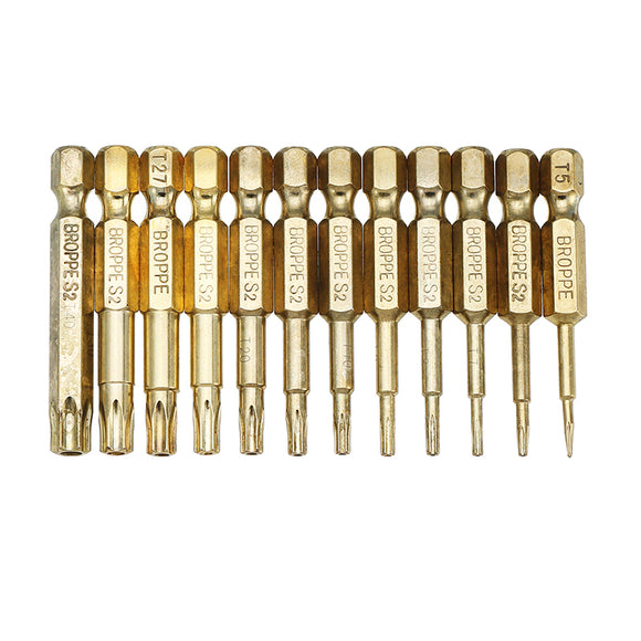 Broppe 12pcs Gold T5-T40 50mm Magnetic Torx Screwdriver Bits 1/4 Inch Hex Shank