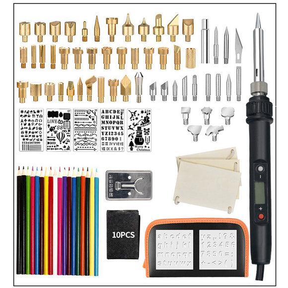 94Pcs LCD Wood Burning Pen Tools Kits Soldering Stencil Iron 60W Pyrography Solder Iron Set