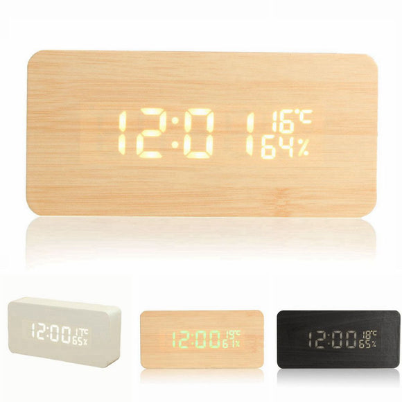 USB Voice Control Wooden Wooden Rectangle Temperature LED Digital Alarm Clock Humidity Thermometer