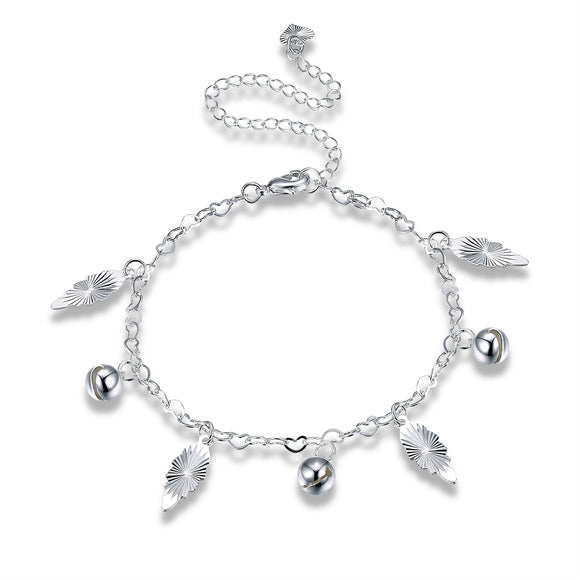 Sweet Silver Plated Anklet Leaves and Ball Pendant Foot Chain for Women