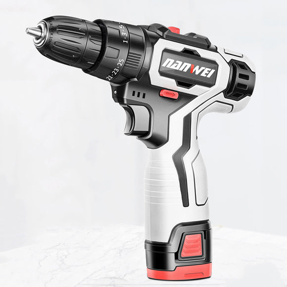 Nanwei 18V Brushed Impact Drill 27N/M Li-ion Rechargeable Electric Flat Drill Screw Driver 2 Speeds 25+3 Gears + 2 Battery