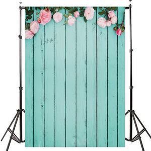 3x5FT Pink Flowers Blue Wooden Wall Photography Backdrop Studio Prop Background