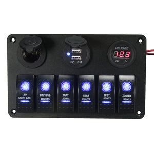 6 Gang LED Rocker Switch USB Charger Socket Volt Meter Panel For Car Marine Boat