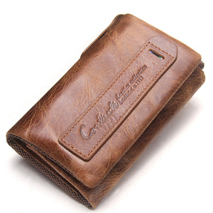 Men Genuine Leather Car key Bag Casual Tri-fold Wallet Coin Bag