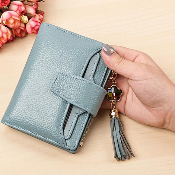 Women Casual Genuine Leather Purse 19 Card Slot Tassel Short Wallet