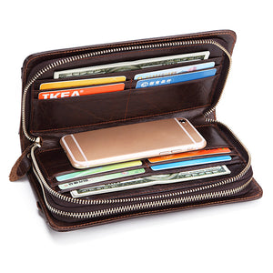 Men Oil Wax Genuine Leather Zipper Long Wallet Business Card Holder