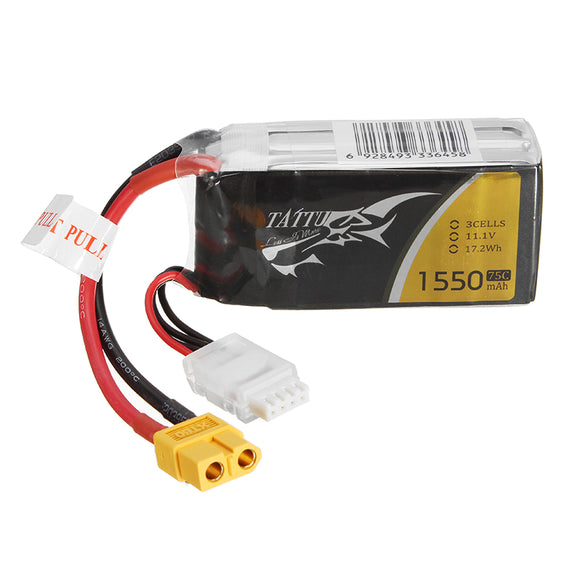 TATTU 11.1V 1550mAh 75C 17.2Wh 3S XT60 Plug Lipo Battery for FPV RC Drone