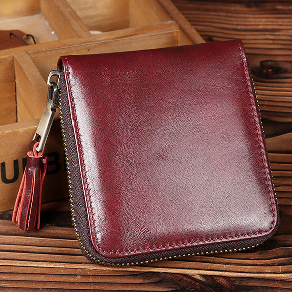 Women Minimalist Fashion Vintage Genuine Leather Small Short Wallet Zipper Purse