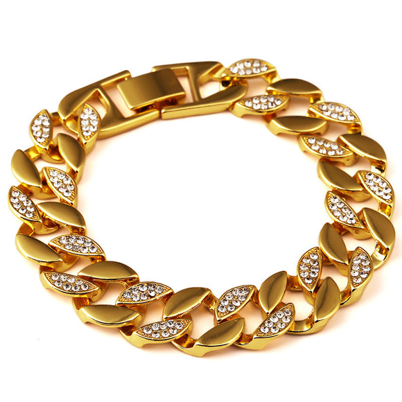 Hip Hop Rhinestone Chain 18 Gold Plated Zinc Alloy Cuban Rock Style Bracelet Men's Jewelry