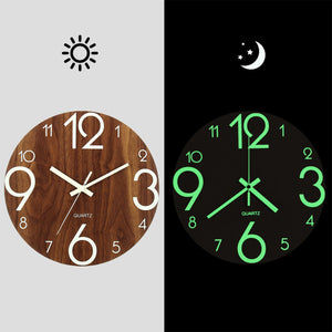 12 Luminous Wall Clock Quartz Wooden Silent Non Ticking Dark Home Room Decor"