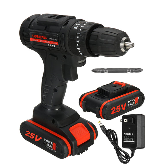 25V 3/8 Cordless Rechargeable Electric Impact Hammer Screwdriver Drill 2 Battery