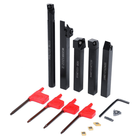 5pcs 12mm Shank Lathe Turning Tool Holder Boring Bar CNC Tools Set with Carbide Inserts and Wrenches