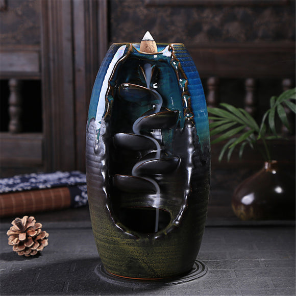 Porcelain Waterfall Backflow Ceramic Incense Burner Censer Holder Decor 10 Cones Office Home Decor