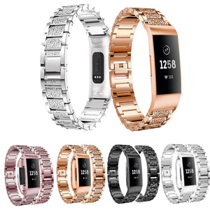 Crystal Stainless Steel Watch Band Wrist Strap for Fitbit Charge 3 Smart Watch