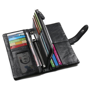 Men Genuine Leather 18 Card Slots Secretary Wallet Long Black Wallet with Detachable Zipper Bag