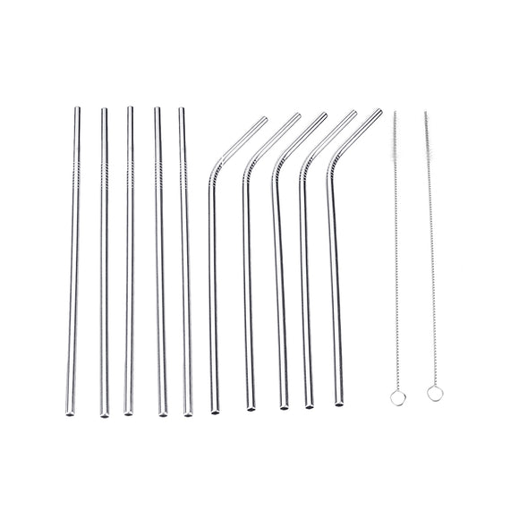 Set of 10 Stainless Steel Straws Tumblers Cold Beverage Cup Drinking Straw w/ Brushes & Tips