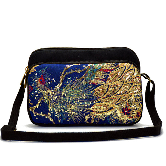 Women National Embroider Peacock Canvas Sling Bag Shoulder Crossbody Bag