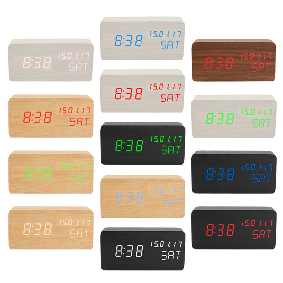 Wooden LED Digital Alarm Clock Dual Voice Control Calendar Thermometer