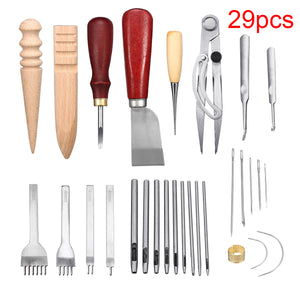 29PCS/Set Leather Craft Hand Tools Kit Thread Awl Waxed Thimble Kit For Hand Stitching Sewing Tools Stamping Carving Work DIY Tool Set